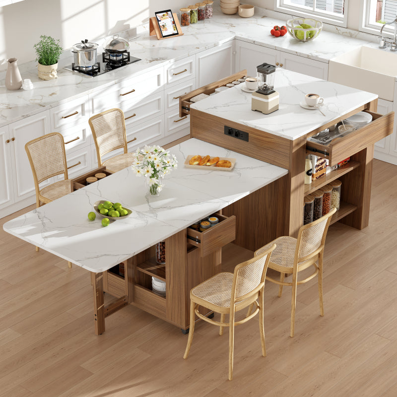 Ausziehbarer Bartisch mit Stauraum(110-124×78×97.5cm), für 2-6 Personen, Kücheninseln mit 2 Schubladen, 2 seitliche offene Regale und eingebaute Steckdose,Tischplatte aus weiß marmoriertem MDF,Braun
