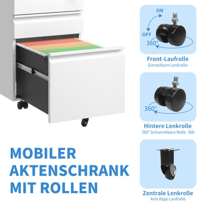 3-Schubladen-Mobil-Aktenkasten mit Schloss - Metall-Ablagekästen für Home Office Organisation – Letter, Legal und A4,Weiß,H60 cm × B37.3 cm × T44 cm.