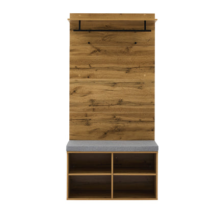 Garderobenset in Holzoptik mit Schuhbank, verstellbarem Regal, Kleiderstange und Polster, Praktische Flurmöbel