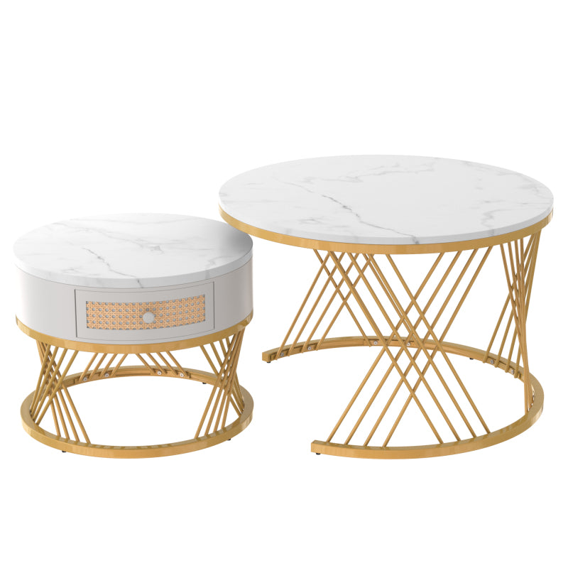 2 in 1 Runder Couchtisch aus MDF, Beistelltisch mit Tischplatte aus Marmor und Schubladen aus Kunststoff-Rattan, Griffe aus Massivholz. goldene Eisenfüße. 70*70*45,5+50*50*38,5cm