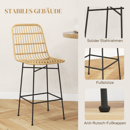 Barhocker 2er-Set Boho-Stil aus Rattan mit Rückenlehne und Stahl bis 120 kg, 45 x 53,5 x 105 cm, Natur & Schwarz