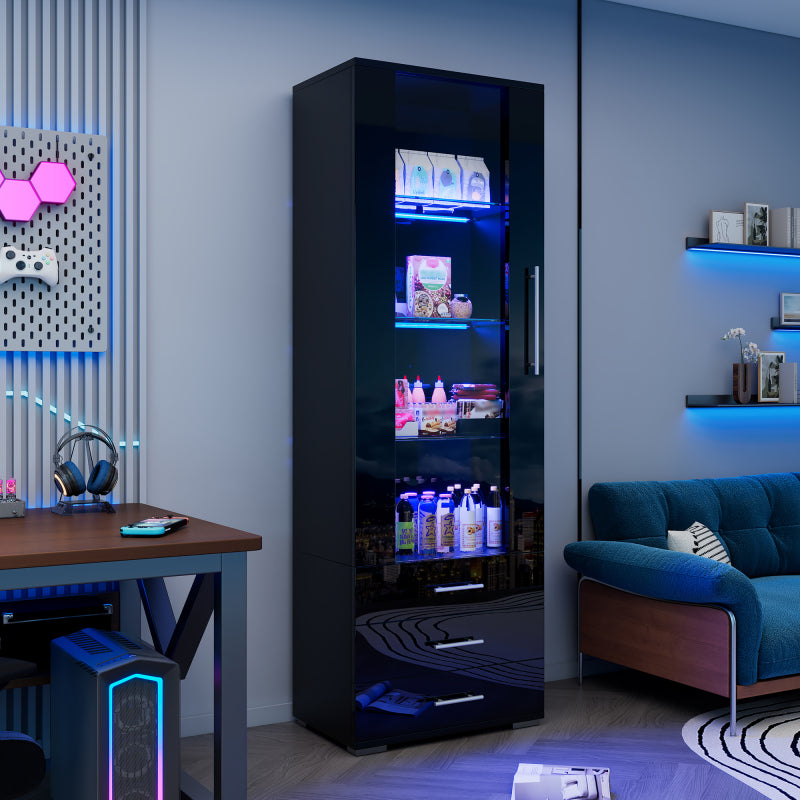 Schwarz Hochglanz Vitrine, Vitrine Glasvitrine , Standvitrine mit LED-Beleuchtung, Vertikale Vitrine mit 3 Schubladen, 60*35*180cm