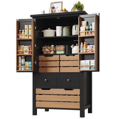 Küchenschrank 140cm hoch, Buffet-Schrank mit 2 Türen & 5 Schubladen, Mehrzweckschrank Schwarz, Sideboard Vorratsschrank mit Kippschutz, 80x40cm