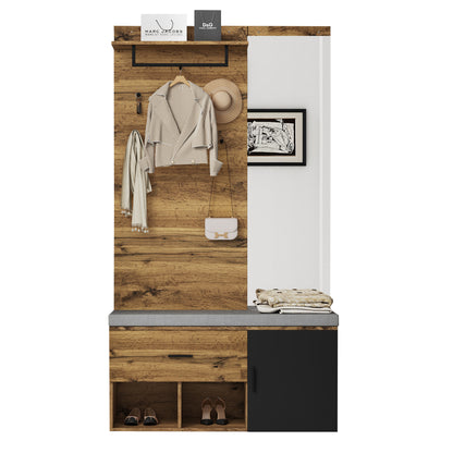 Garderoben Set in Holzoptik mit Spiegel, Schuhbank (104 x 39 cm) mit Polster, Schuhschrank, Schublade, Regal, Kleiderhaken – Praktisches Design für den Eingangsbereich