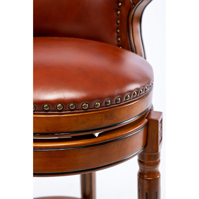 Barhocker aus Holz mit Kuhfell-Obermaterial, 360-Grad-Drehstuhl in Barhöhe mit Rückenlehne, Brown+Seat height 65cm