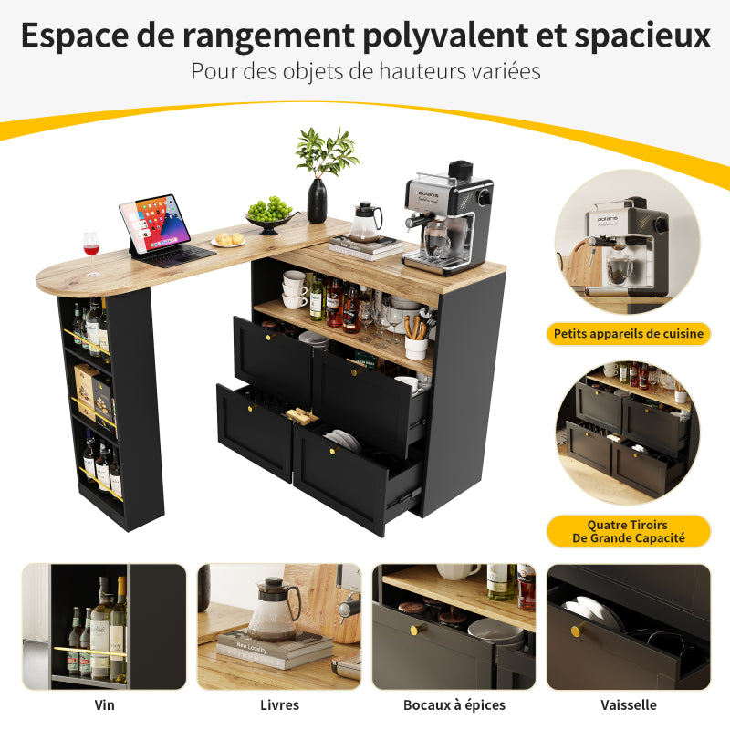 Um 360° drehbarer Bartisch (Hauptkörper 105 x 39 x 102 cm), mit 4 Schubladen und offenen Ablagen, geeignet für Esszimmer/Arbeitszimmer/Wohnzimmer usw