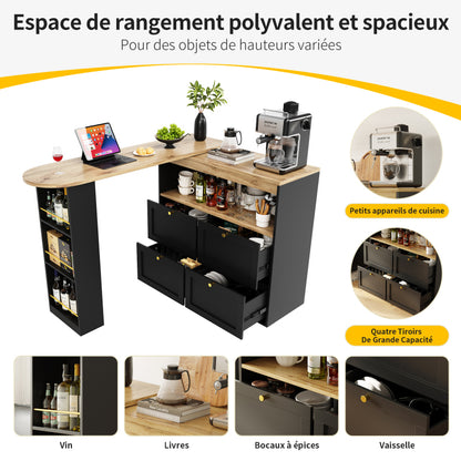 Um 360° drehbarer Bartisch (Hauptkörper 105 x 39 x 102 cm), mit 4 Schubladen und offenen Ablagen, geeignet für Esszimmer/Arbeitszimmer/Wohnzimmer usw