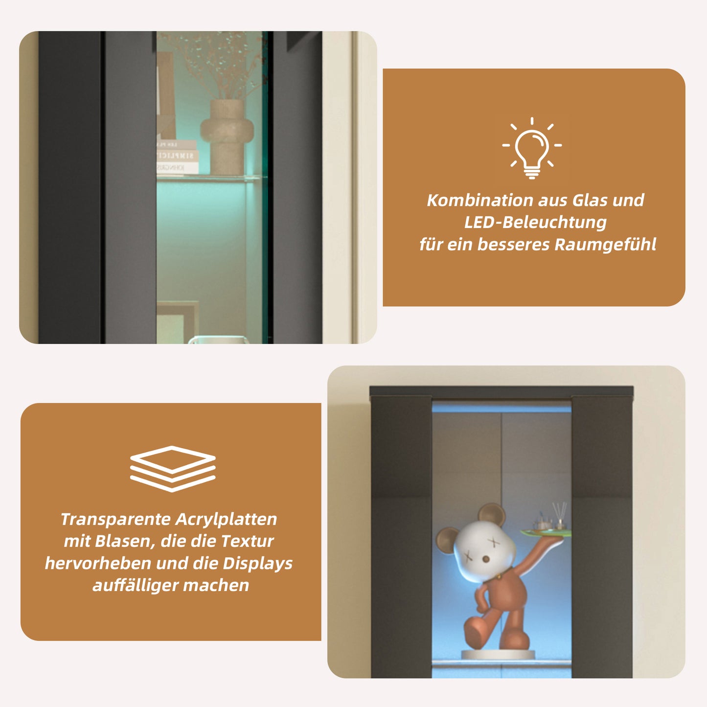 Multifunktionale Vitrine, Glastrennwand, LED-Farbwechsel Licht, schlichtes Design, Schwarz