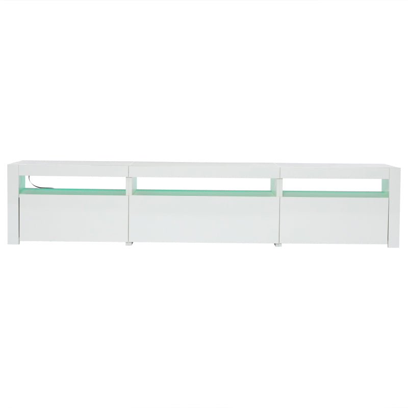 Weißer Hochglanz-TV-Schrank mit LED-Beleuchtung und Stauraum, weißes niedriges Paneel, bietet Platz für 80-Zoll-Fernseher, TV-Unterschrank mit herunterklappbarer Schranktür, 190 x 24 x 40 cm
