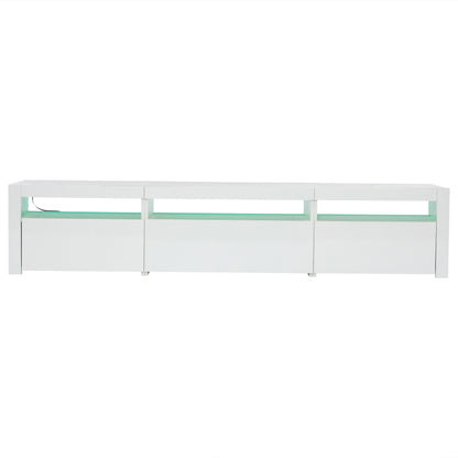 Weißer Hochglanz-TV-Schrank mit LED-Beleuchtung und Stauraum, weißes niedriges Paneel, bietet Platz für 80-Zoll-Fernseher, TV-Unterschrank mit herunterklappbarer Schranktür, 190 x 24 x 40 cm