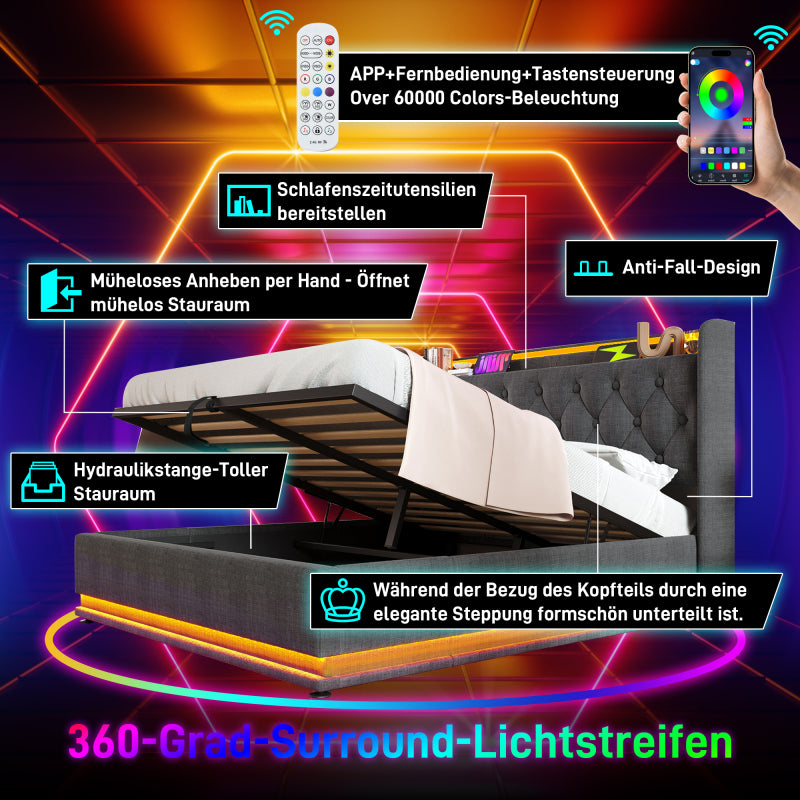 Polsterbett Doppelbett, 360-Surround-LED-Funktion, Drucktaste/App/Fernbedienung,160*200 cm,Grau Leinen-Material Hydraulisches Lagerbett, gepolstertes Kopfteil mit USB Typ-C Ladefunktion(Mit Matratze)