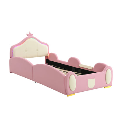 Polsterbett, Crown Cartoon Bett, Mit Multi-Mode-LED-Streifen, Kinderbett mit kleiner Rutsche und Treppe, mit schützenden weichen Kanten, mit Holzlatten, PU, Rosa + Beige, 90x200cm