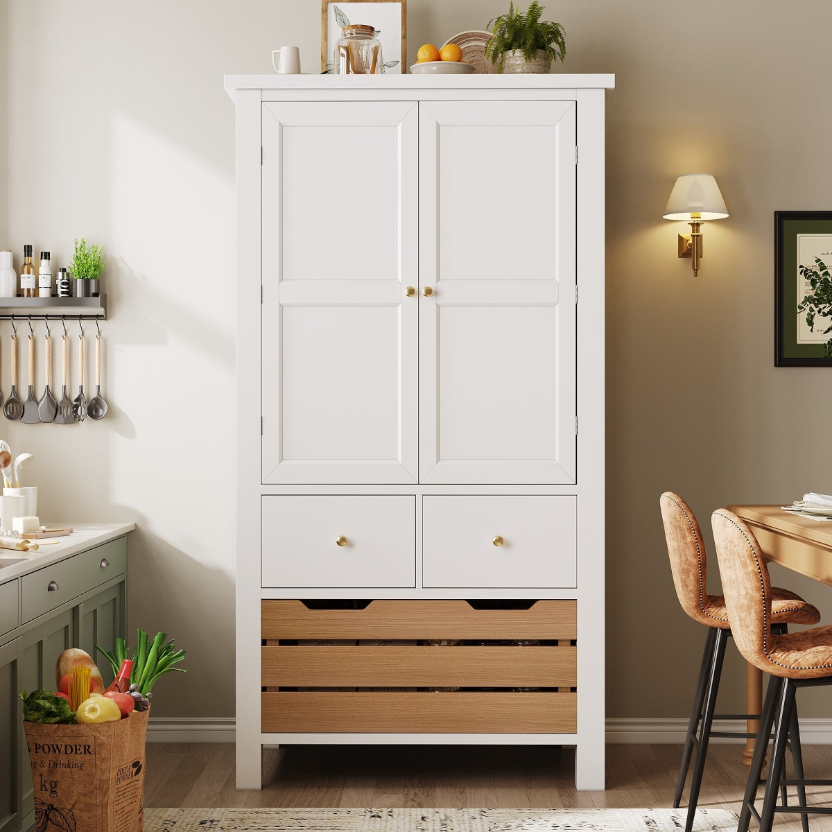 Küchenschrank 140cm hoch, Buffet-Schrank mit 2 Türen & 5 Schubladen, Mehrzweckschrank Weiß, Sideboard Vorratsschrank mit Kippschutz, 80x40cm