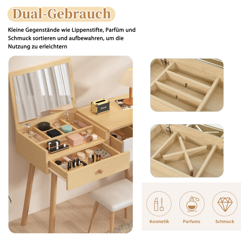 Schminktisch, Kosmetiktisch Mit Spiegel, Schminktisch aus Holz Mit Schubladen, geteilter Stauraum, große Lagerkapazität - Maße:B100/H78/T40 cm(ohne Hocker)(OLD SKU: WF319875AAW)