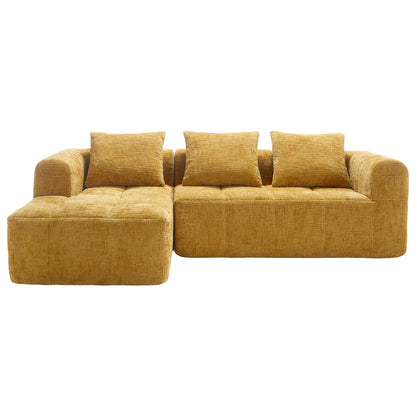 Modernes Sektionssofa, L-Sofa, 3-Sitzer-Sofa, keine Installation erforderlich, Chenille-Sofa mit Chaiselongue und Armlehnen, 3 Kissen, Seitentasche für Fernbedienung, Gelb