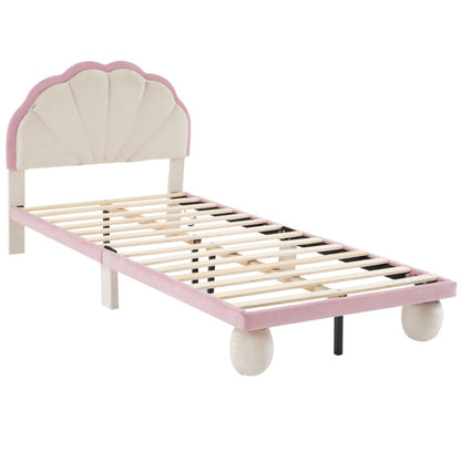 Polsterbett mit mehrfarbigen, wechselnden LED Lichtstreifen, Kopfteil mit Wellenschliff, mit gepolsterter runden Beine, Kinderbett mit Holzlatten, Einzelbett, Samt, Beige+Rosa, 90x200cm