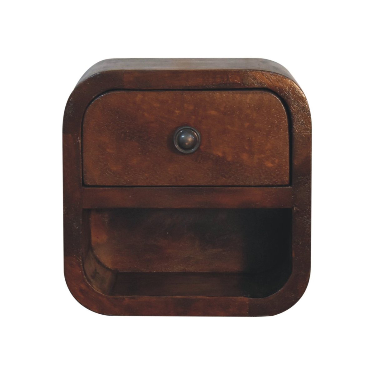 Schwebender Mini-Nachttisch aus Massivholz – Kastanienbraun, 1 Schublade & offenes Fach, Wandmontage, Handgefertigt, 20x17x20 cm