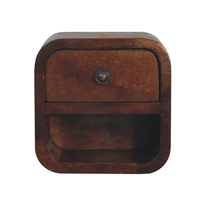 Schwebender Mini-Nachttisch aus Massivholz – Kastanienbraun, 1 Schublade & offenes Fach, Wandmontage, Handgefertigt, 20x17x20 cm