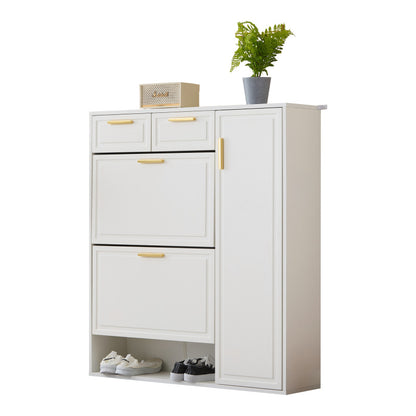 Moderne Schuhschrank, mit verstellbaren Regalen, goldenen Griffen, Schubladen, Klappschuhschrank und Türen,  weiß, B95/D24/H107.5