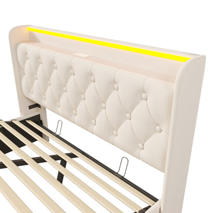 Polsterbett Doppelbett, 360-Surround-LED-Funktion, Drucktaste/App/Fernbedienung, 140*200 cm, weiß PU-Material Hydraulisches Lagerbett, gepolstertes Kopfteil mit USB Typ-C Ladefunktion (Mit Matratze)