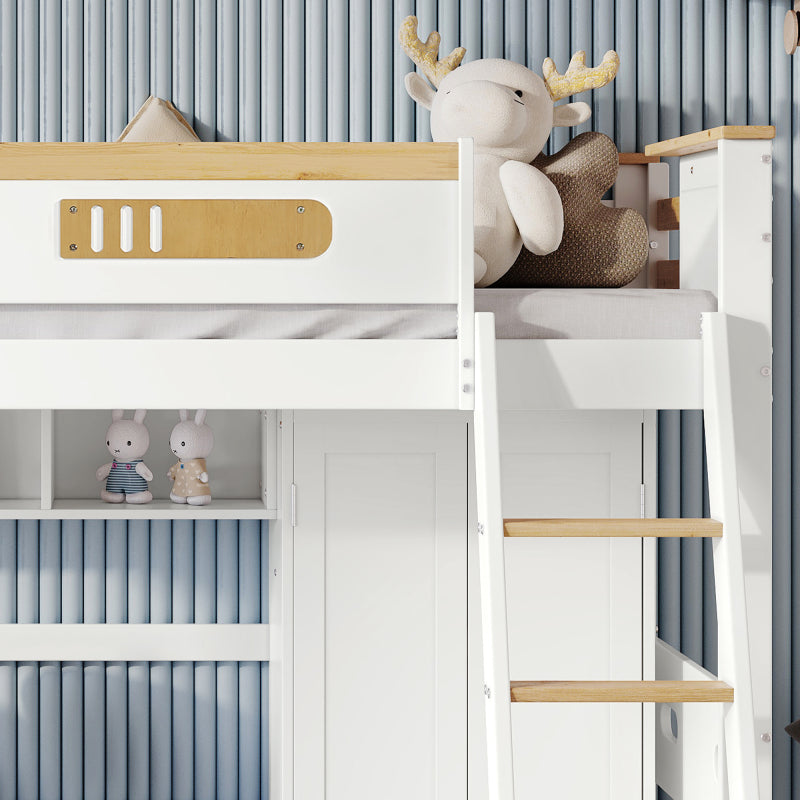 Etagenbett, Kinderbett, mit Fallschutzgitter, mit Tisch und Kleiderschrank, Offenes Regal, Reichlich Stauraum, Mit vierstufiger Leiter, Kiefer+MDF+Sperrholz, Weiß+Natur, 90x200cm