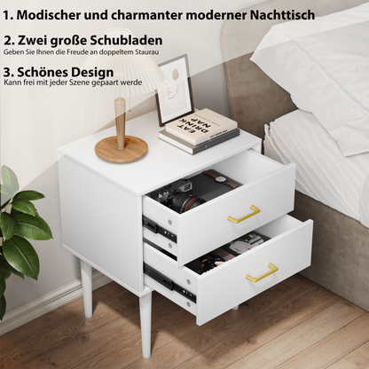 Weißer Nachttisch mit 2-Schubladen, Schlafzimmer Nachttisch, moderner Nachttisch mit Holzbeinen,1 Stück