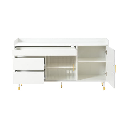 Sideboard mit Glasschiebetüren und LED-Beleuchtung – Freistehende Kommode aus Holz, Weiß