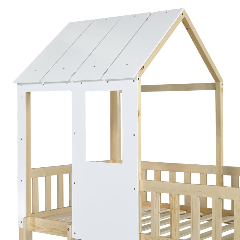 Etagenbett mit rechtwinkliger Leiter und Rutsche, Hausbett mit Dach und Fenster, Kinderbett mit Fallschutz und Gitter, Rahmen aus Kiefer, Natur+Weiß (90x200cm)