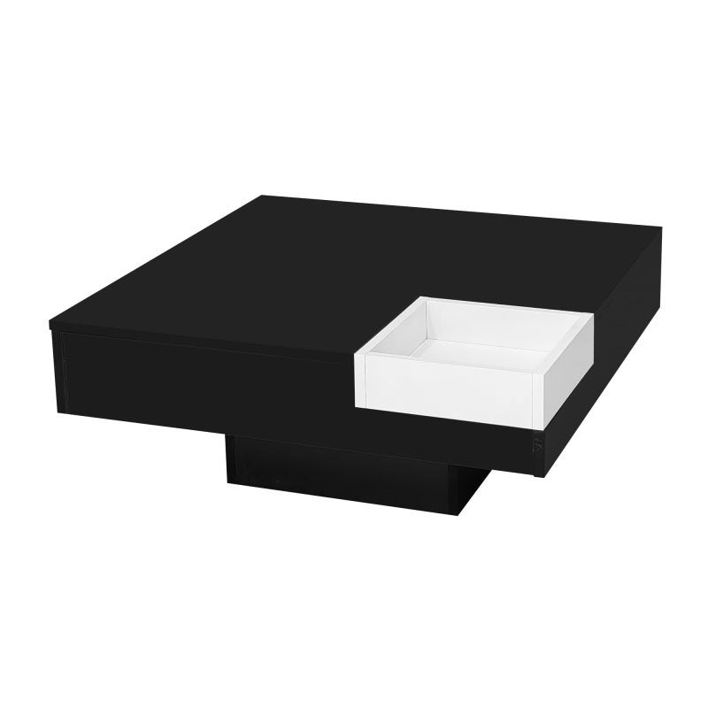 Couchtisch, Hochglanz-Wohnzimmertisch, Beistelltisch mit abnehmbarer Aufbewahrungsbox, Farbblockweiß und Schwarz, 72*72*30 cm, Mit LED-Lichteffekt.
