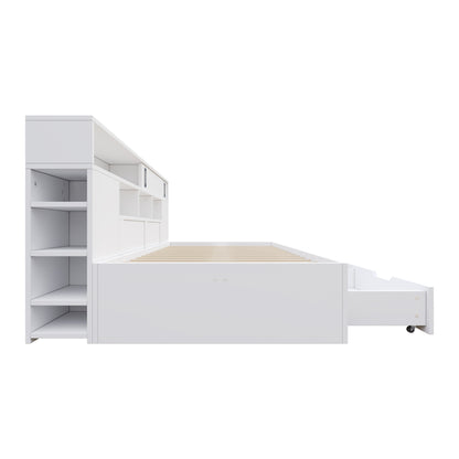 Multifunktionales Stauraumbett 135x190 cm - Daybed mit 2 Schubladen, Schiebetüren & Regalen - Stabiles Funktionsbett MDF bis 200kg - Weiß