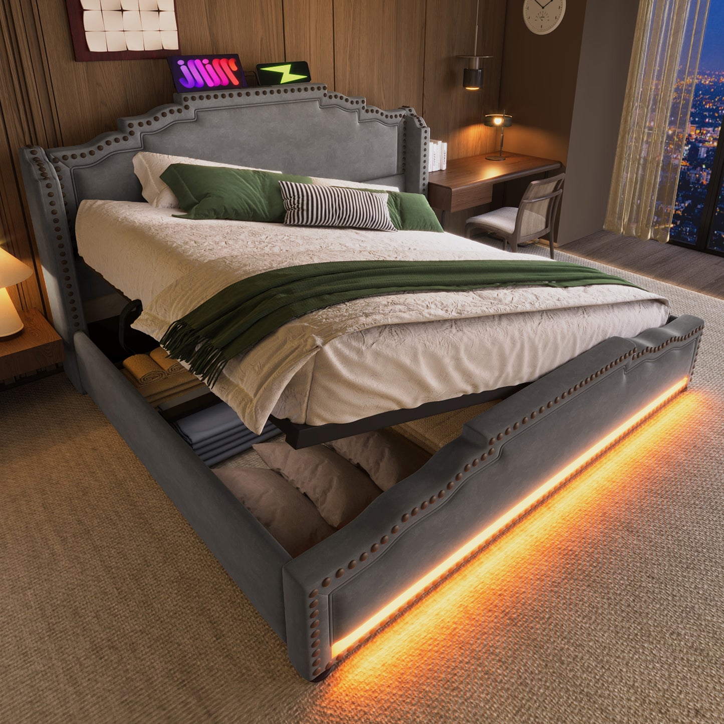 Polsterbett 160x200, Doppelbett mit hydraulischem Stauraum, LED-Beleuchtung und USB-C-Ladeanschluss, Stauraumbett und Jugendbett mit Lattenrost, Samt, Grau, ohne Matratze