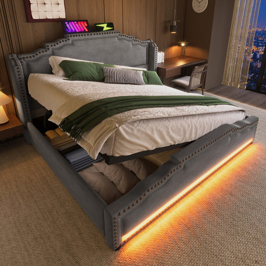 Polsterbett 140x200, Doppelbett mit hydraulischem Stauraum, LED-Beleuchtung und USB-C-Ladeanschluss, Stauraumbett und Jugendbett mit Lattenrost, Samt, Grau, ohne Matratze