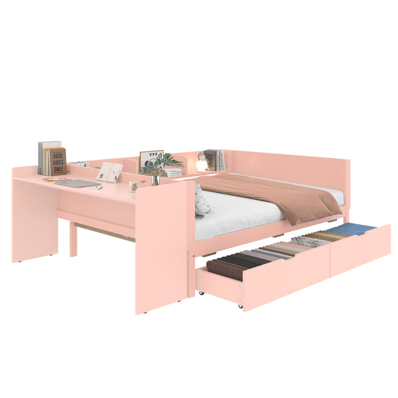 Flachbett, Holzbett, 140x200cm, mit Schreibtisch, ausgestattet mit 2 Schubladen, Doppelbett(Ohne Matratze), mit Regalen, Kiefer + Spanplatte, Rosa
