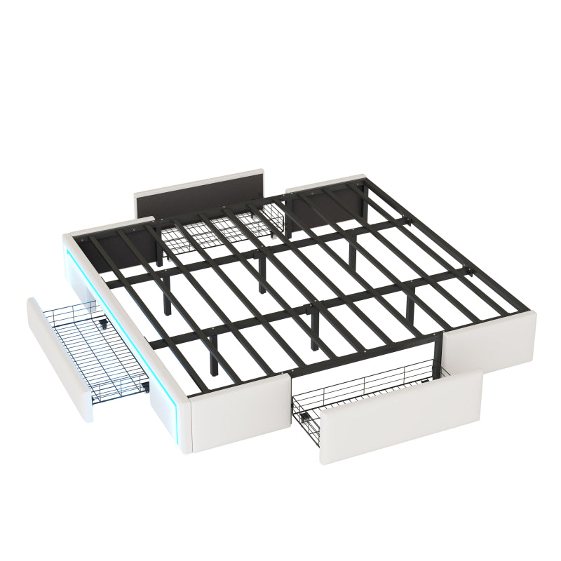 Bettgestell 180X200 mit Schubladen, PU-Leder Bett ohne Kopfteil Mit LED-Lichtleiste, MetalllattenPlattformbett für moderne Schlafzimmer Beige