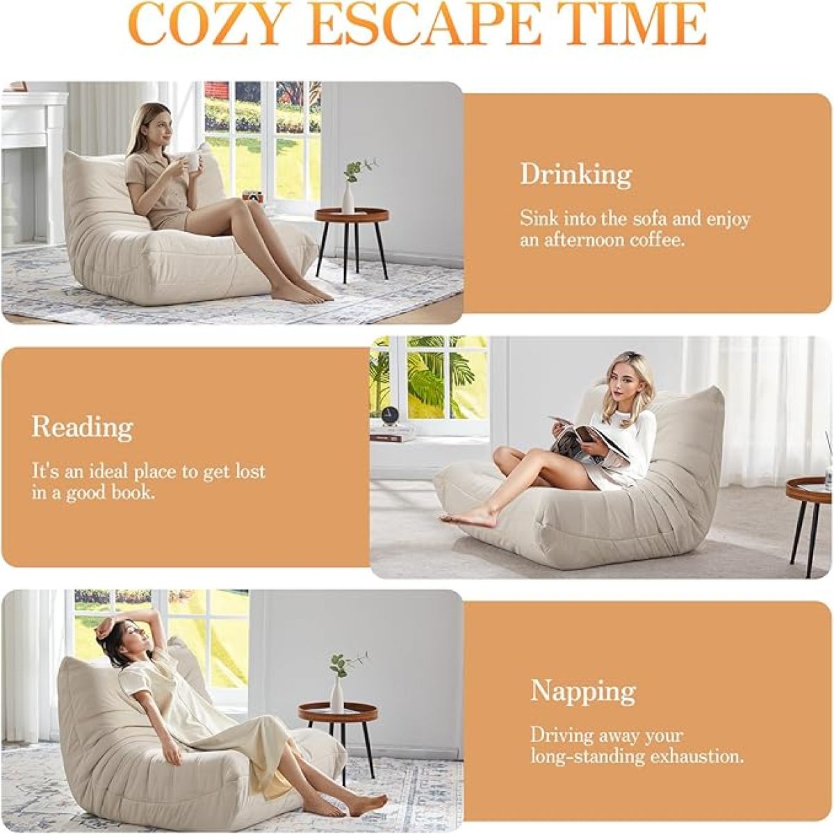 Ergonomischer Sitzsack Sessel aus Suede mit 5-Zonen-Körperstütze, Bean Bag Chair für Wohnzimmer & Schlafzimmer, Weiß