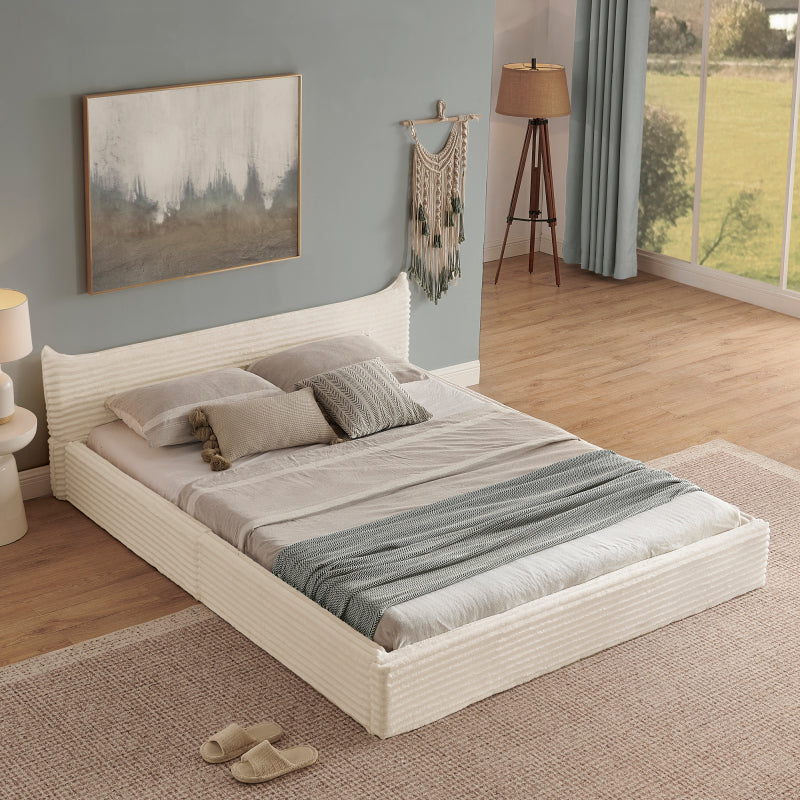 Doppelbett 140x200cm, mit Samtweichem Chenille-Bezug & Elegantem Kleinkantendesign am Kopfende, Beige (ohne Matratze)