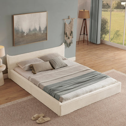 Doppelbett 140x200cm, mit Samtweichem Chenille-Bezug & Elegantem Kleinkantendesign am Kopfende, Beige (ohne Matratze)