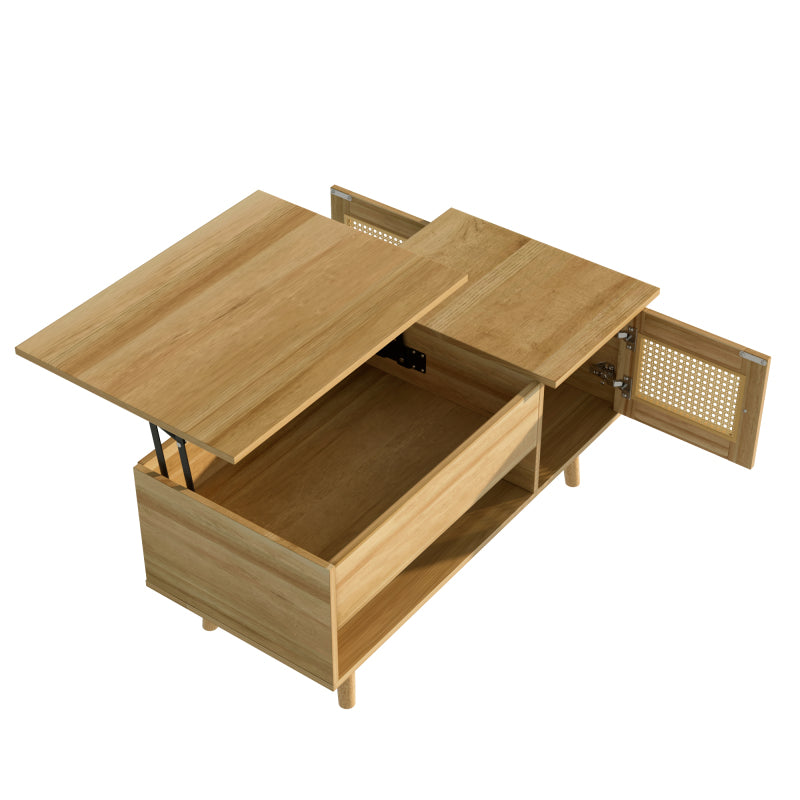 Eleganter Couchtisch mit anhebbarer Tischplatte und Rattan-Türen, Holzfarbe mit schwarzen Akzenten, ideal für das Wohnzimmer – Praktischer Stauraum und funktionales Design