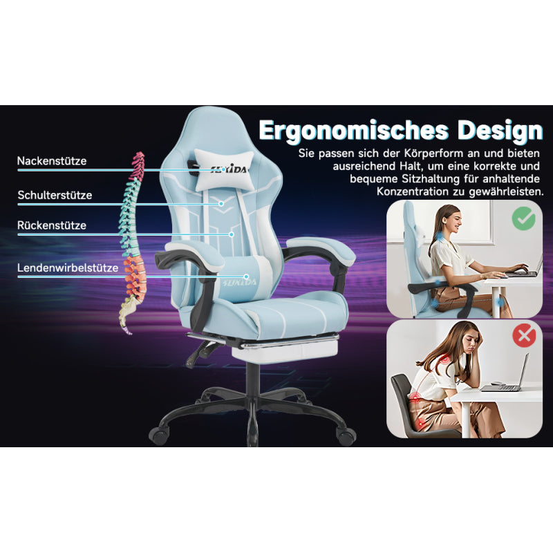 Gaming Stuhl Computerstuhl Ergonomischer Gaming Chair mit Fußstütze Bürostuhl Ergonomischer Computerstuhl mit Lendenwirbelstütze Bluewhite