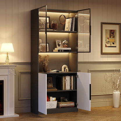 Moderne Vitrine 80x30x200cm Weiß/Schwarz - Glasschrank mit LED, Einstellbare Helligkeit & Farbtemperatur, Sammler-Bücherregal mit Glastüren