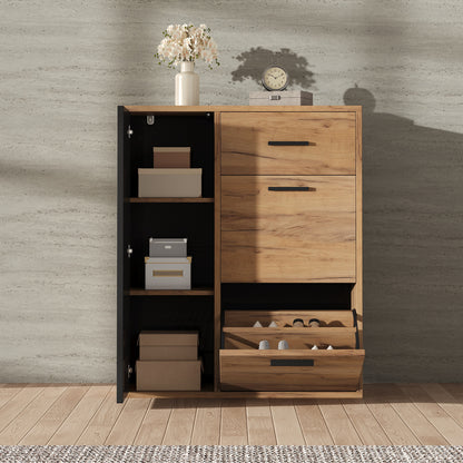Schuhschrank Schwarz/Natur 80x24x95,5 cm mit 2 Klappen, 1 Tür & Schublade, verstellbare Regale, moderne Griffe