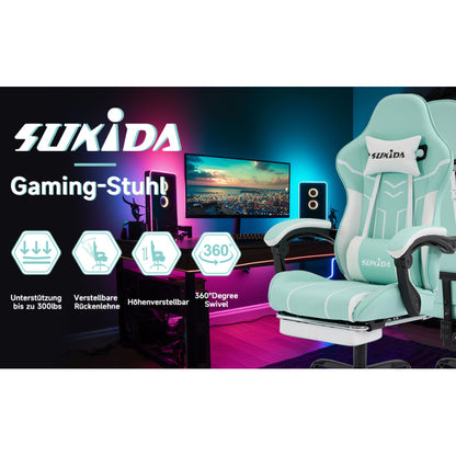 Gaming Stuhl Computerstuhl Ergonomischer Gaming Chair mit Fußstütze Bürostuhl Ergonomischer Computerstuhl mit Lendenwirbelstütze, Mintgrün