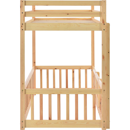 Etagenbett mit rechtwinkliger Treppe, Bett mit Zäune und Türchen, Kinderbett mit Fallschutz und Gitter, Massivholz, natur (200x90cm)