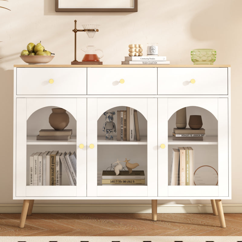 Sideboard mit 3 Schubladen und 3 gebogenen Türen mit breitem Schrank aus gehärtetem Glas für Buffettische in Küchen und Esszimmern, weiß und natur
