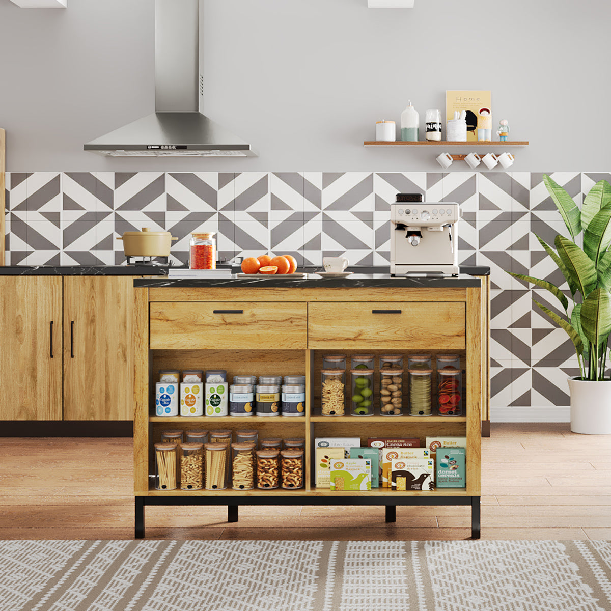 Kücheninsel 120x75 cm (Eiche & Marmor-Optik), Küchentheke mit Sitzplatz, 2 Schubladen, Metallgestell