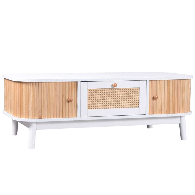 Couchtisch - Rattan-Kaffeetisch, Schubladen mit Rattan und Schiebetüren mit Massivholzlatten, Massivholzbeine, Natürlicher Landhausstil.