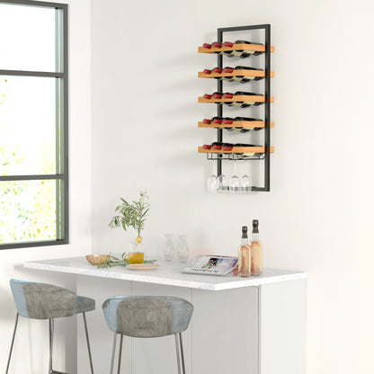 Weinregal wandmontierbar mit 5 Ebenen, Weinständer für 15 Flaschen und 4 Gläser, Kiefernholz, Stahl, für Küche Esszimmer Bar, Braun