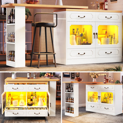 Bartisch ausziehbar 135-203cm, 360° drehbarer Stehtisch mit App-LED-Steuerung & Musik-Modus, Weißer Hochtisch mit 4 Schubladen & Regal