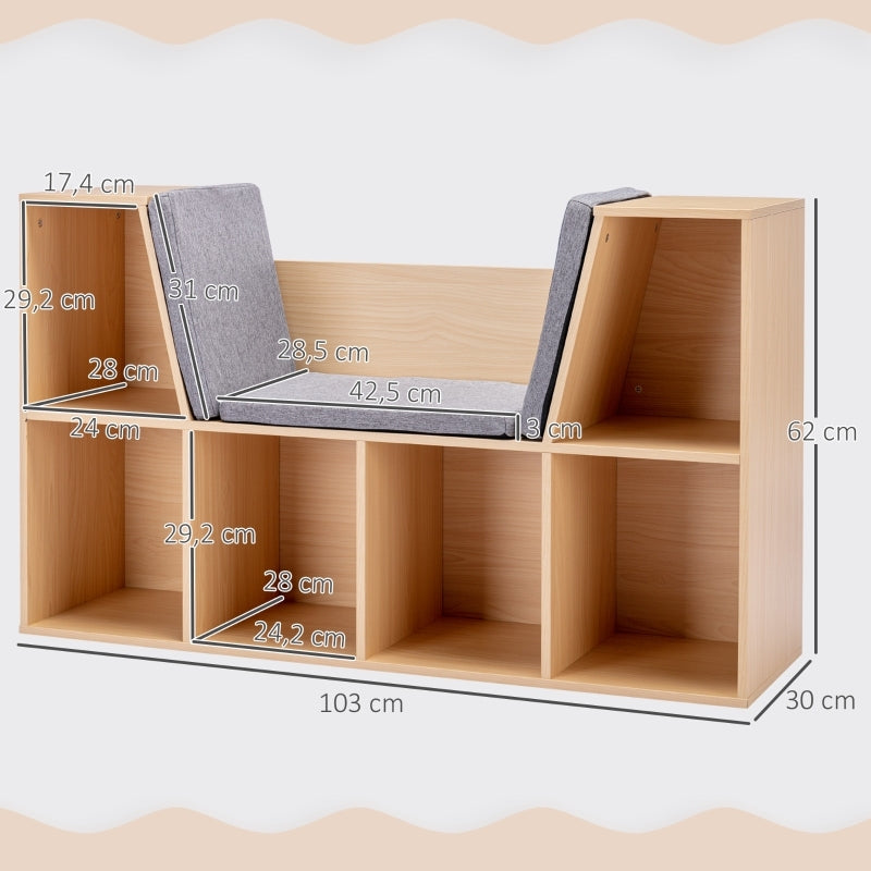 Kinderregal Bücherregal mit Sitzhocker Kindersitzbank mit 6 Fächern Sitztruhe mit 3 Kissen Spielzeugkiste ab 3 Jahren Grau+Natur