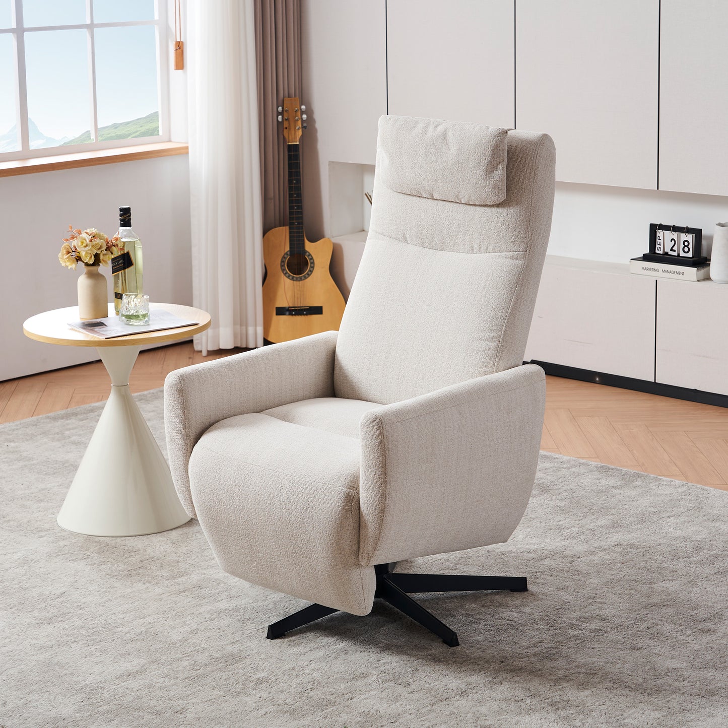 Bequemer Relaxsessel mit Liegefunktion – Chenille Fernsehsessel mit Fußstütze, drehbarer Stillsessel & Loungesessel für Wohnzimmer, modernes Sofa, Beige